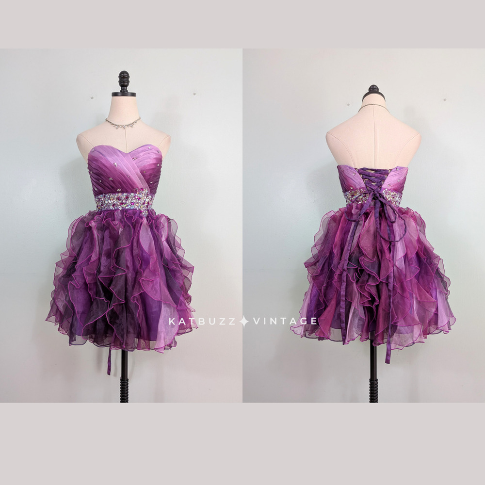 Y2K Mori Lee Prom Dress Mini Gown 2 Purple Corset Strapless Ruffle Ombre Princes